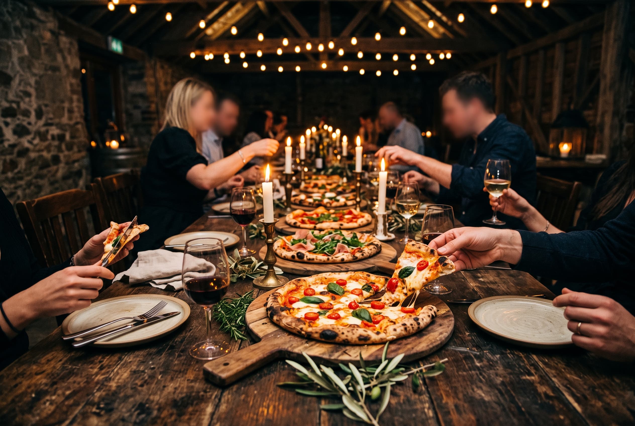 A long candlelit table at a private party, set with wood-fired pizzas on wooden boards