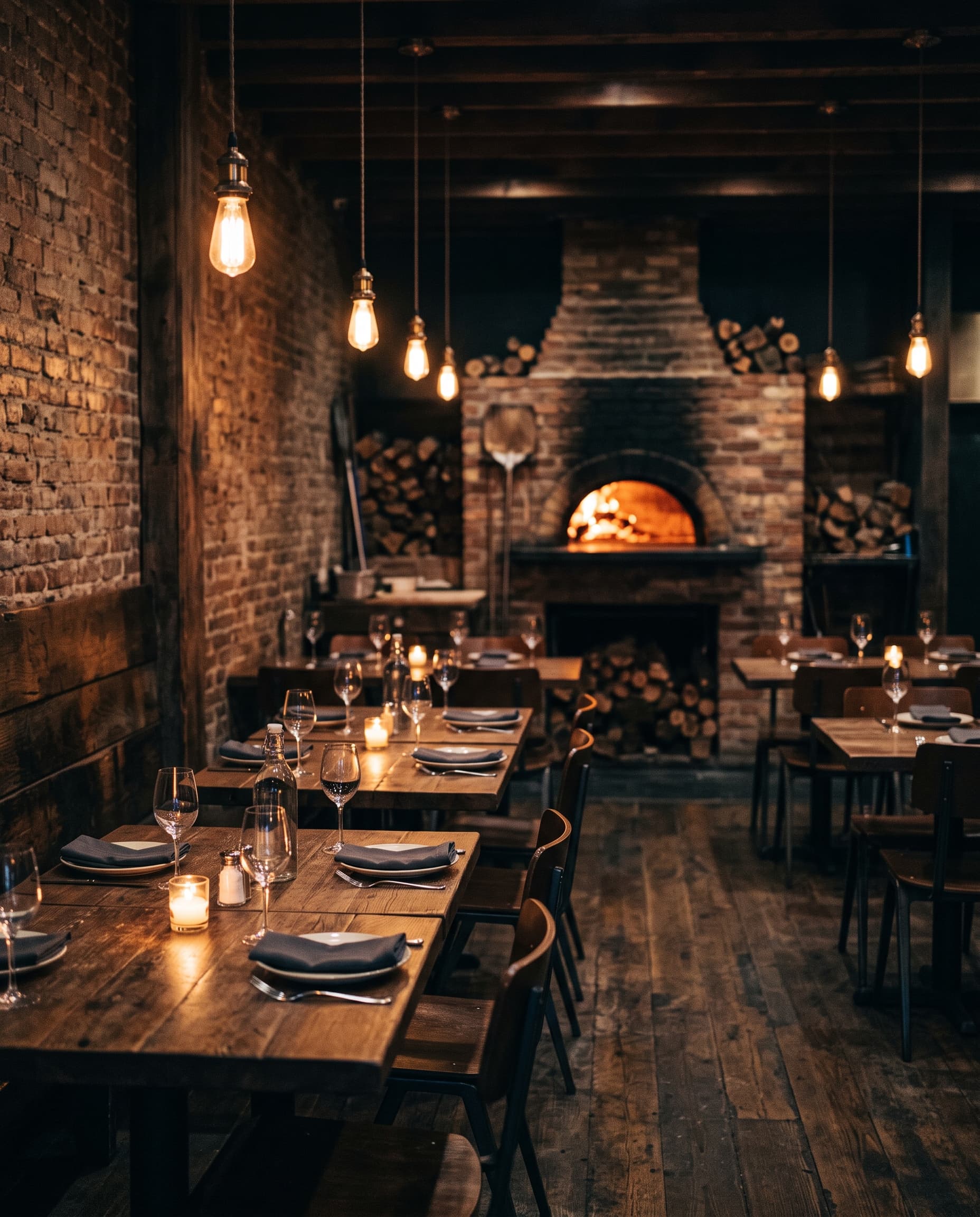 The candlelit dining room with brick walls, oak tables and the oven glowing at the back