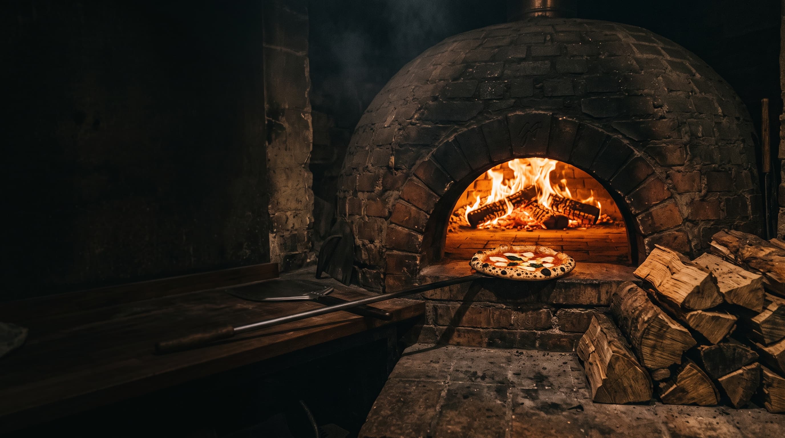 A brick wood-fired oven burning oak logs, with a pizza blistering near the flames