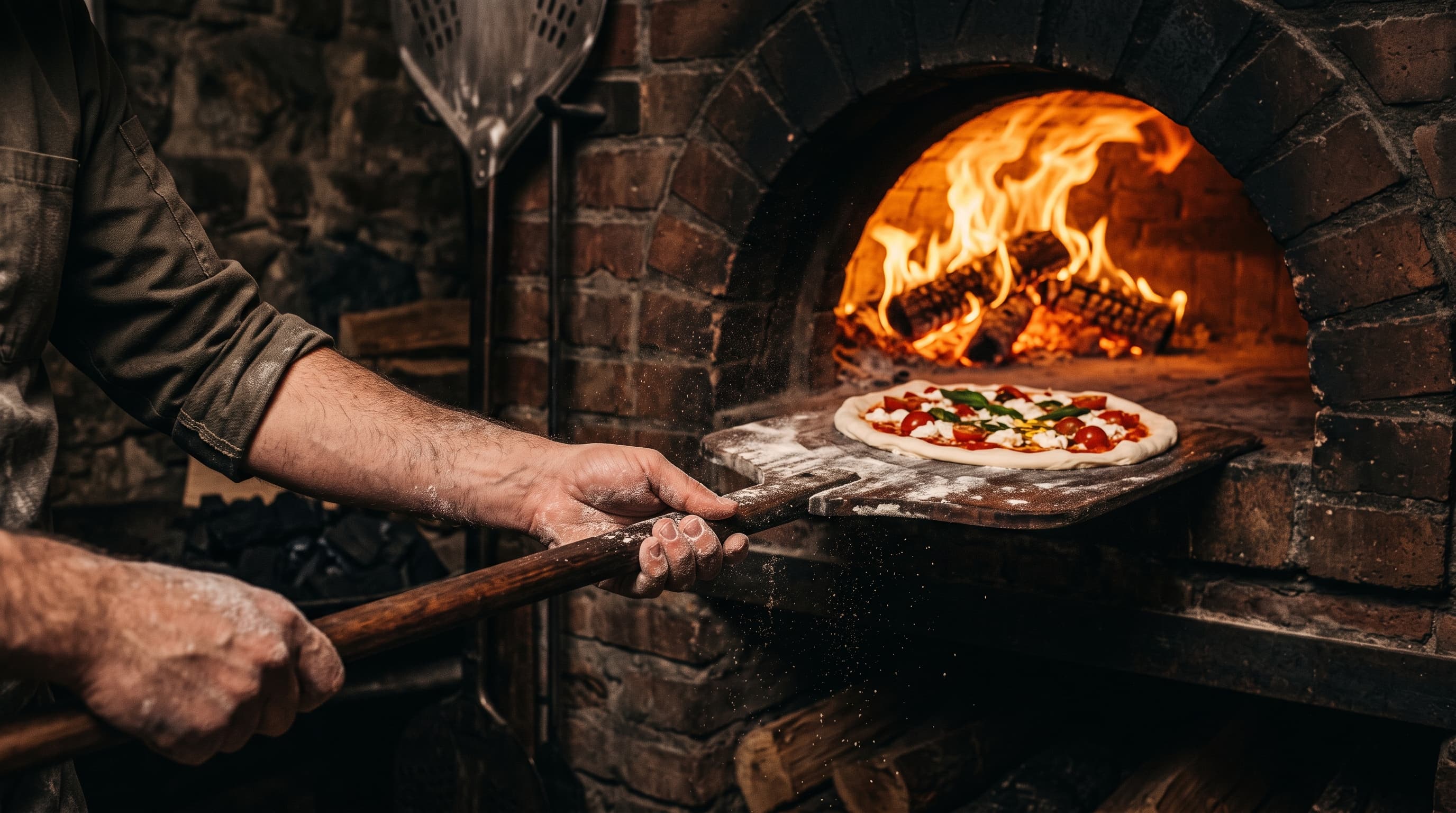 A pizzaiolo sliding a pizza into the oak-fired oven on a long wooden peel