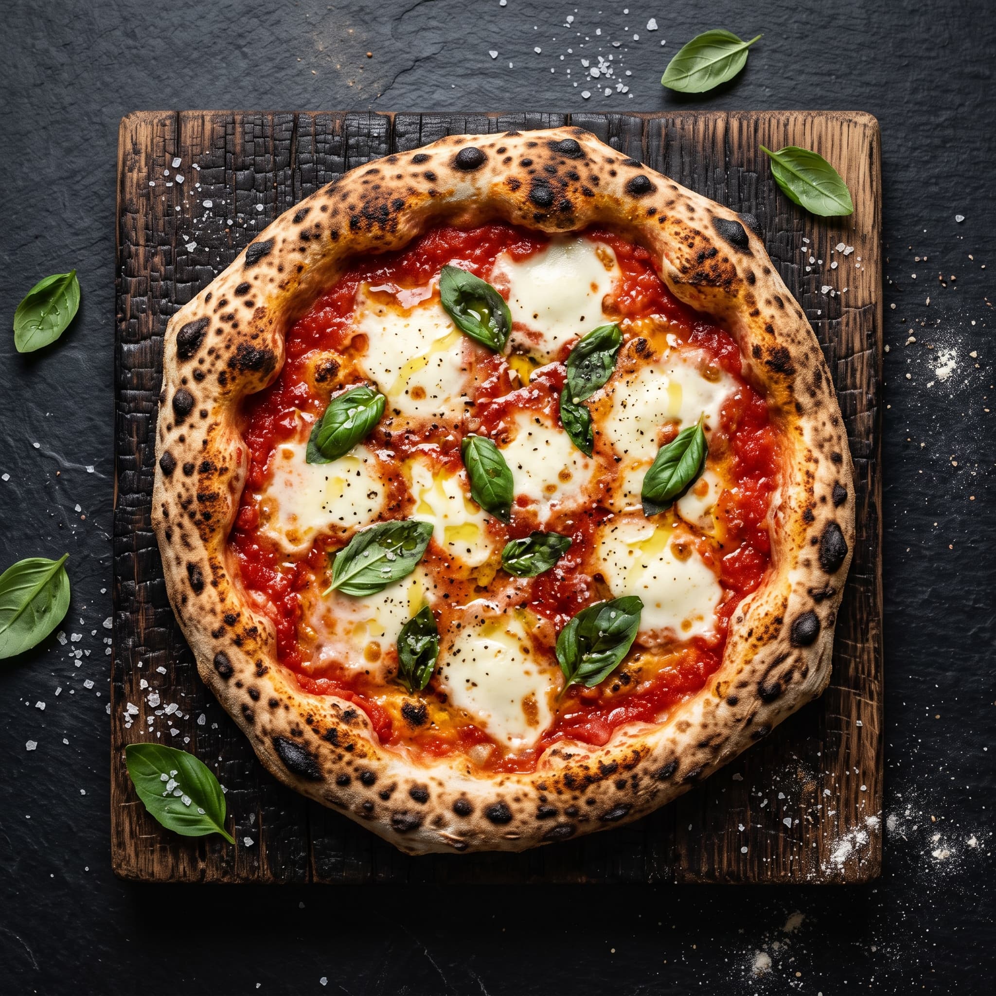 Margherita pizza with blistered crust, tomato, fresh mozzarella and basil on a dark wooden board
