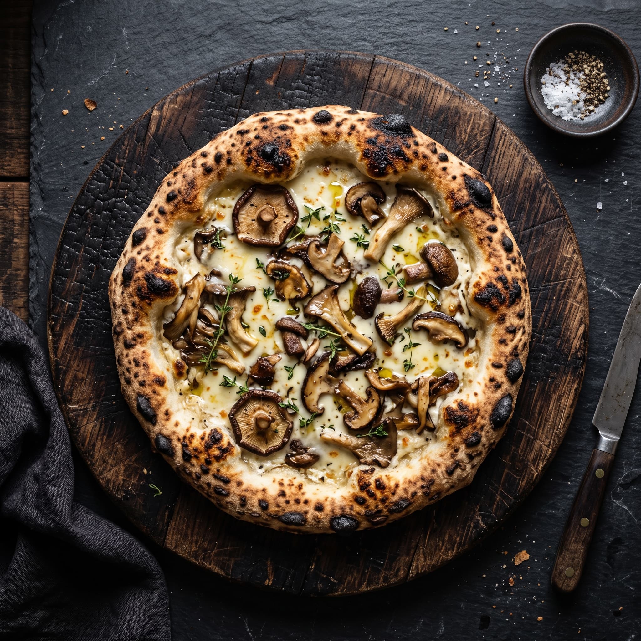 White pizza with roasted wild mushrooms, fontina and fresh thyme