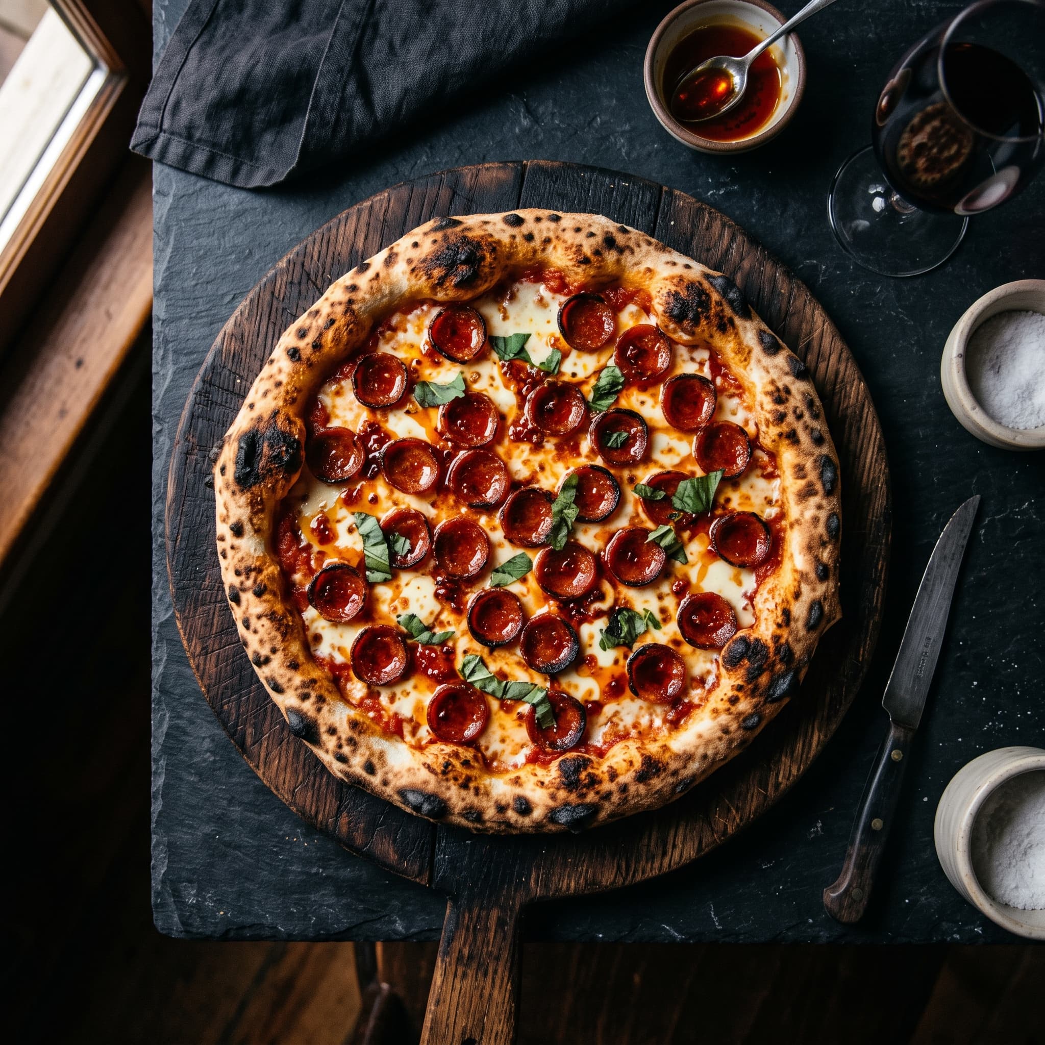 Pepperoni pizza with crispy cupped pepperoni and a drizzle of chili hot honey
